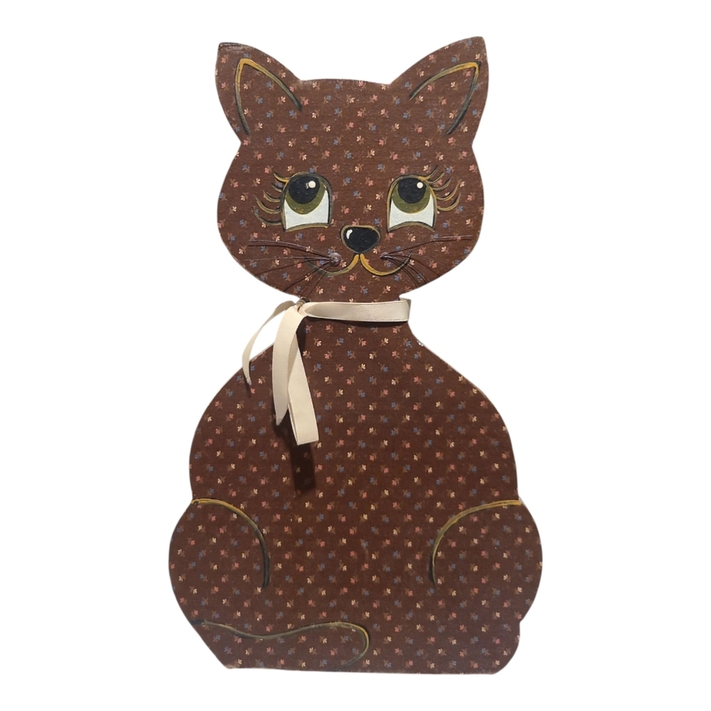 Cat Shelf Sitter Vintage Hand Painted Fabric On Wood Folk Art Decor 12" Tall